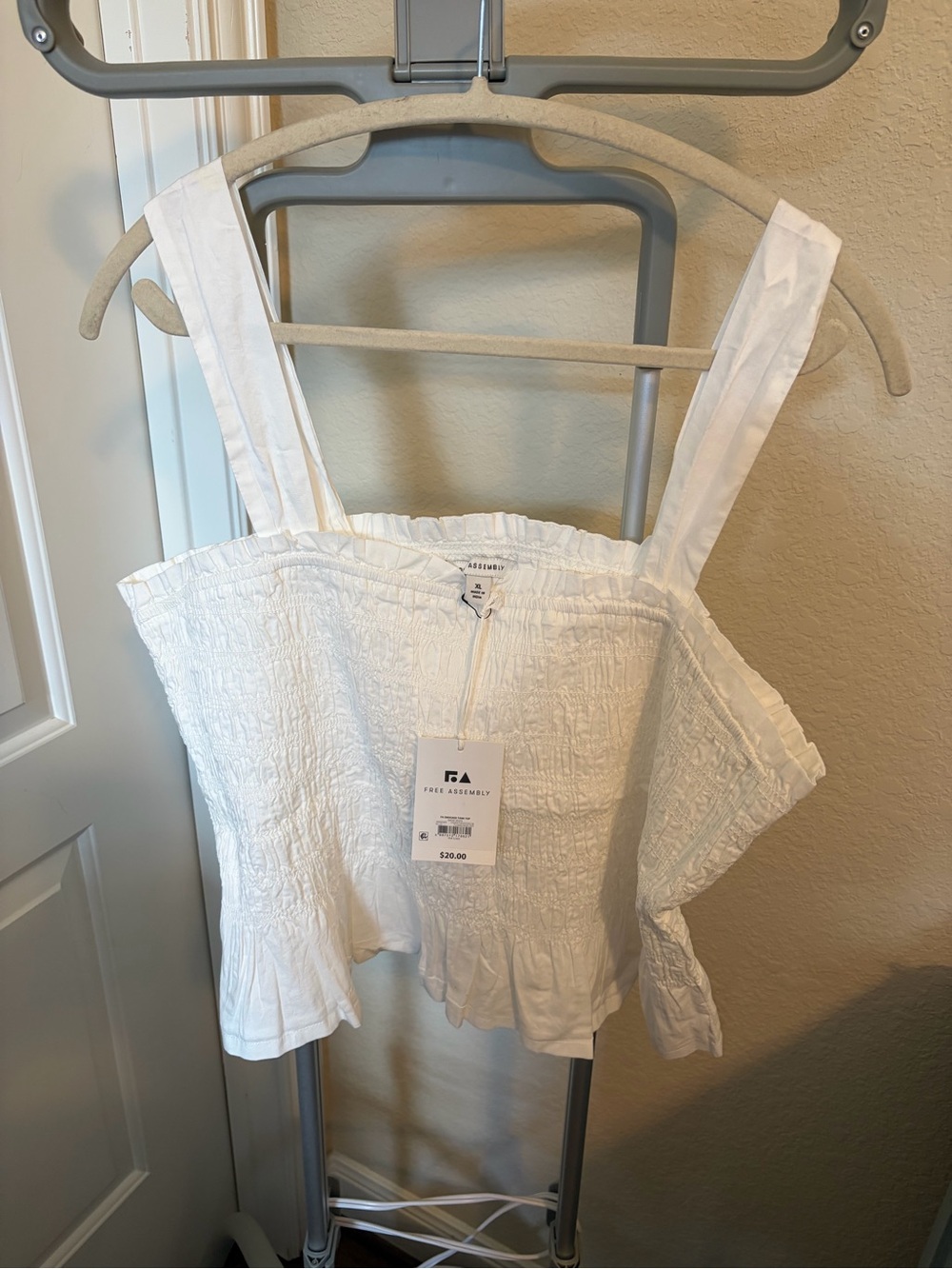 White Smocked Square-Neck Crop Top with Ruffle Hem